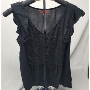ModCloth Medium Top V Neck Black Flutter Retro Ruffle Whimsigoth Witchy Gothic